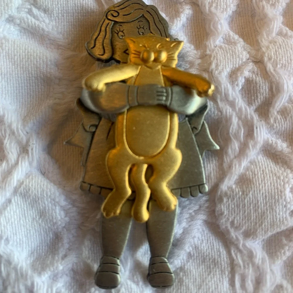 Cat Hug Girl Vintage JJ Jonette Pin - Gold & Silver Metal